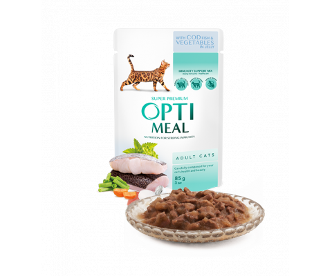 Набір вологого корму для котів OPTI MEAL з тріскою та овочами в желе 4х85 г 