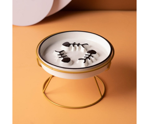 Керамічна миска-лабіринт на золотій металевій підставці для повільного харчування котів 200мл/14,8см