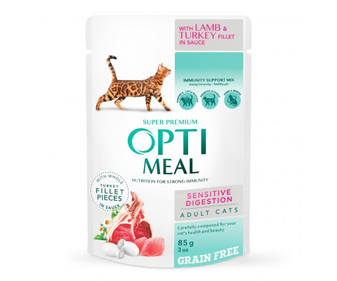 Вологий корм OPTI MEAL для  котів з чутливим травленням з ягням та індичкою в соусі 85 г