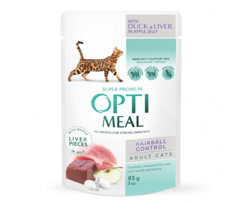 Вологий корм OPTI MEAL для котів з ефектом виведення шерсті з качкою та печінкою в желе 85 г