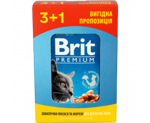 Вологий корм для котів 3+1 Brit premium cat pouche з лососем та фореллю 100 г